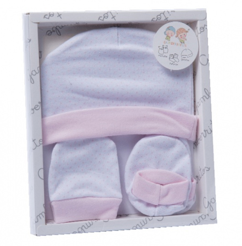 Gamberritos kiegészítő szett újszülötteknek 3 részes (sapka, kesztyű, kiscipő) pöttyös rózsaszín 9723 